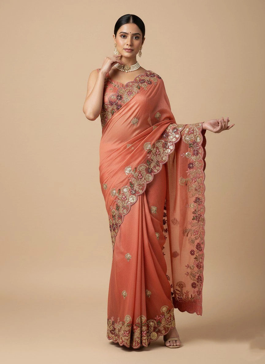 Woman wearing a peach saree with floral patterns on a beige background